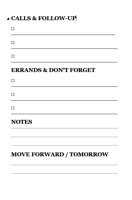 Easy Life Daily Planner calls errands notes and follow-up page
